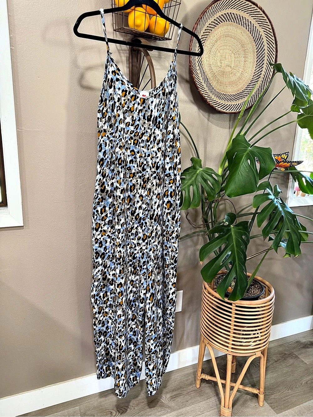 Leopard Print Jumpsuit/Romper Maxi in Blue, Tan & White